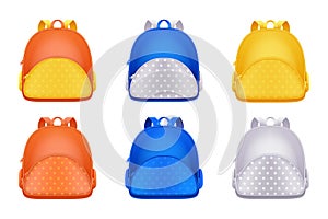 School backpack icons, isolated on white background. Vector 3d realistic illustration of multicolor kids rucksack