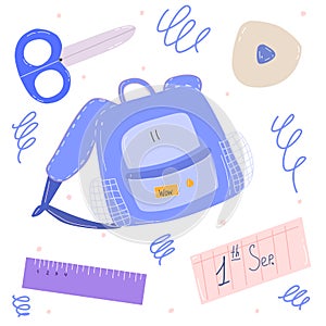 school backpack and learnings suplies, knapsack and stationery flat illustration