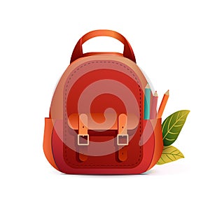 School backpack mockup. Back to school, schoolbag with stationary frontal view. Hand drawn vector illustration isolated