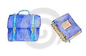 School backpack and notebook in watercolor. blue backpack and notepad on white background.