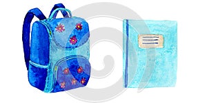 School backpack and notepad in watercolor. deep blue backpack and turquoise notepad on white background.