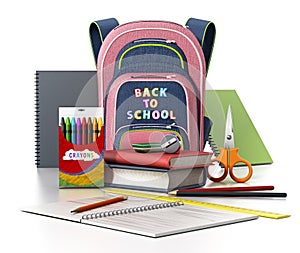 School backpack and objects isolated on white background. 3D illustration