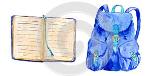 School backpack and opened notebook in watercolor. blue backpack and notepad on white background. Il