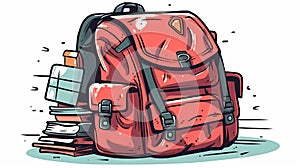 School backpack with school supplies on a hite background. Cartoon style