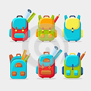 School backpack set. Kids rucksack, knapsack isolated on white background. Bag with supplies, ruler, pencil, paper. Pupil satchel