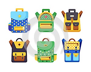 School backpack set. Kids rucksack, knapsack isolated on white background. Bag with supplies, ruler, pencil, paper. Pupil satchel