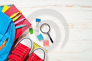School backpack with stationery on white background.