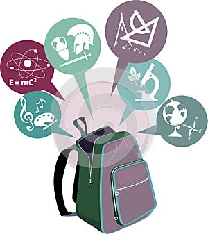 School backpack and symbols of subjects