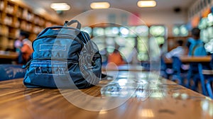 School backpack on table with blurred classroom of children in backgroundback to school theme.