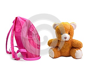 School backpack, and toy Teddie`s bear. photo