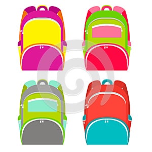 School backpacks collection isolated on white. School backpack in 4 different versions. Vector illustration.