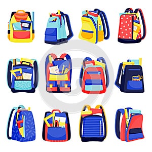 School backpacks icons, isolated on white background. Vector flat cartoon illustration of multicolor kids rucksacks