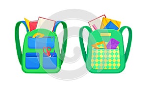 School backpacks set. School bags full of stationery objects. Back to school concept vector illustration