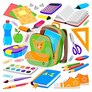 School bag backpack full of supplies children stationary zipper educational sack vector illustration. photo