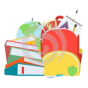 School bag with books stack and school supplies. Vector illustration