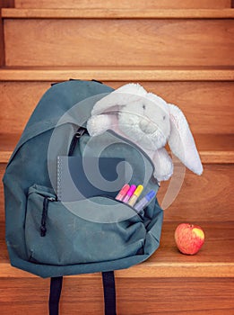 School bag with cuddly toy supplies and lunch