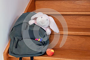 School bag with cuddly toy supplies and lunch