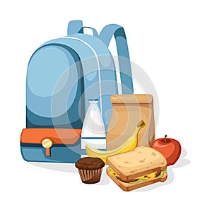 School bag and Lunch paper bag with juice, apple and sandwich. Recycle brown paper bag. Flat vector illustration isolated on white