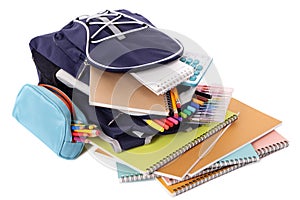 School bag, pencil case, books, pens, equipment, isolated on white background