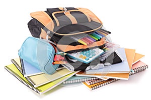 School bag, pencil case, books, pens, supplies, isolated on white background