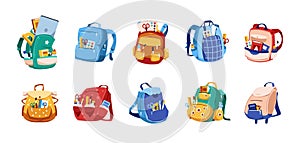 School bags. Cartoon backpack with education supplies and stationery. Notebook ruler equipment in satchel. Rucksacks