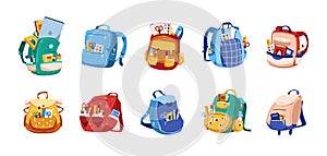 School bags. Cartoon backpack with education supplies and stationery. Notebook ruler equipment in satchel. Rucksacks collection.