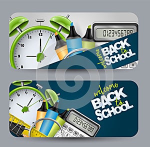 School banner for advertisement, magazine, website. Green alarm clock, highlighters, calculator, spyglass and other education supp photo