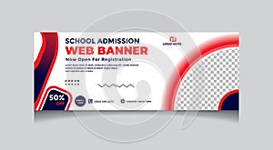 School Banner design for admission red black white color, media cover design, facebook cover abstract, illustration poster