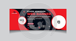 School Banner design for admission red black white color, media cover design, facebook cover abstract, illustration poster