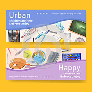 School banner design with stapler, calculator watercolor illustration