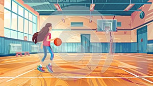 School basketball court cartoon background. Gym field in gym interior with teen training. Wooden parquet in university