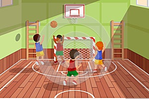 School basketball team playing game. Kids are playing, vector illustration