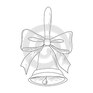 School bell with bow outline, black and white bell with bow for coloring as template for design