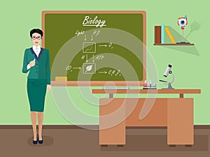 School Biology female teacher in audience class concept. Vector illustration.