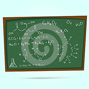 The school blackboard and chalk drawn chemical tube and formula.