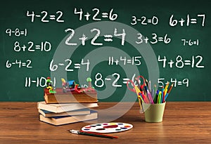 School blackboard with pile of books