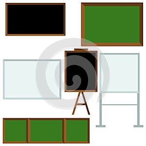 School board set in flat style, green, black and white chalkboards for work and study