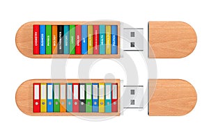 School Books and Colorful Office Folders in USB Flash Drives. 3d Rendering