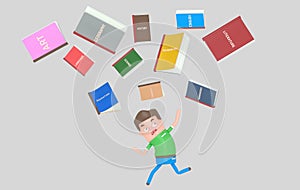 School books falling down on scared student.