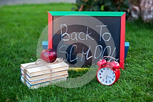 School books with red alarm clock on blackboard background lie on green grass near school. Concept of education and reading. Alarm