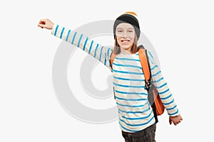 School boy with backpack. Education concept. Back to school. Boy in casual clothes with schoolbag is ready for studing