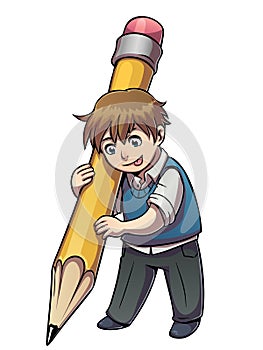 School boy with big pencil