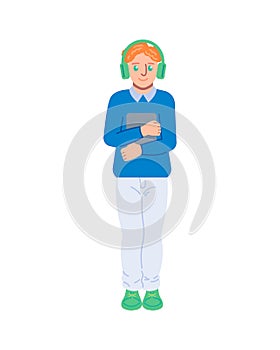 School boy with book and headphones vector illustration