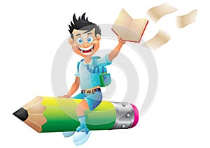 School boy cartoon character riding pencil, holding book