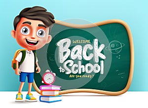School boy character vector template design. Welcome back to school greeting text in green board
