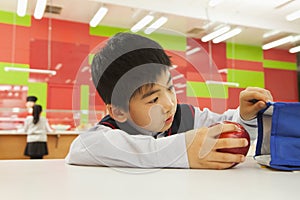 School boy checking lunch bag in school cafeteria