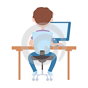 School boy with computer and desk vector design