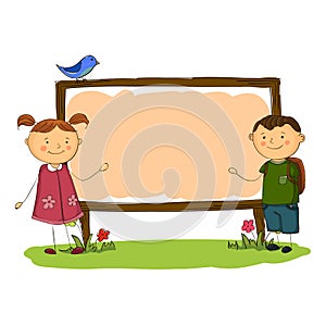 School boy and girl vertical banner simple cartoon style