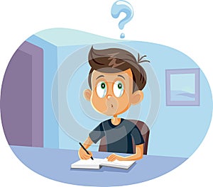 School Boy Having Questions Doing Homework Vector Cartoon