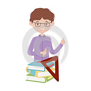 School boy with pencil ruler and books vector design